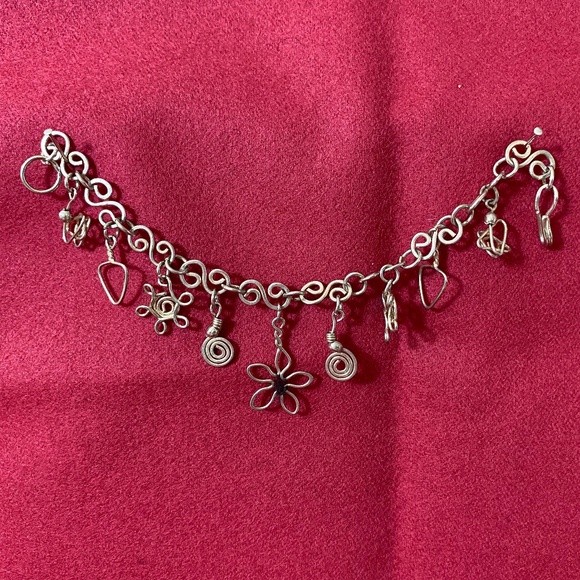 Silver Handmade Artisan Charm Bracelet, 7" With Hook Clasp. - Picture 1 of 7